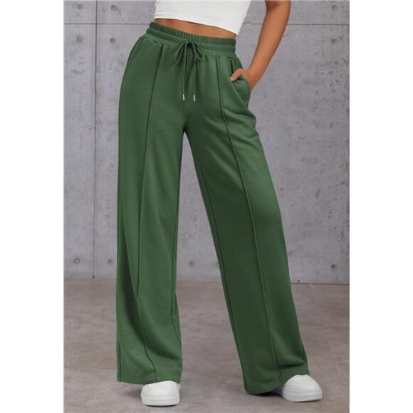 Womens Wide Leg Sweatpants High Waisted Green - Picture 3 of 6